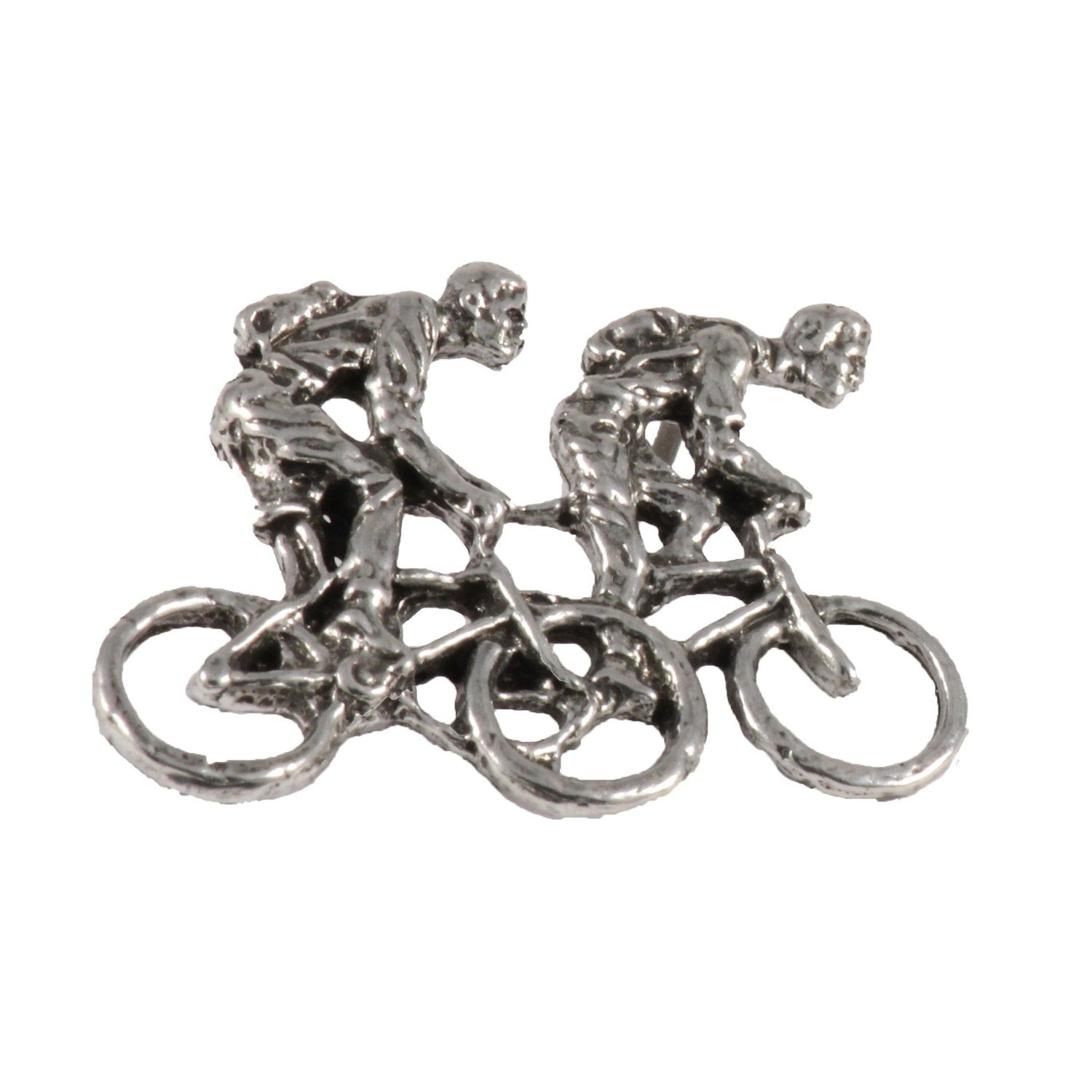 Detailed Antique Pewter Two Bicyclers Pin that can be worn on a hat, jacket, backpack, etc.
