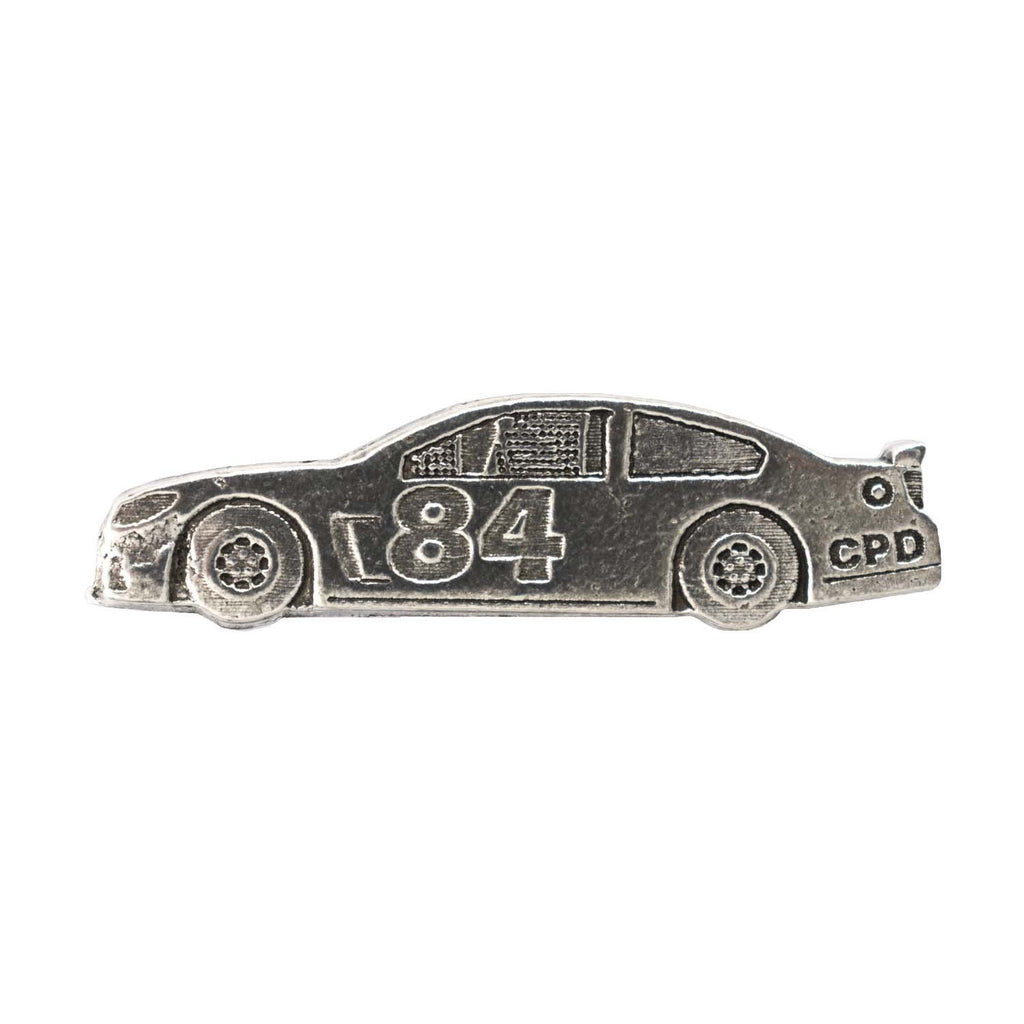 Detailed Antique Pewter Race Car Pin that can be worn on a hat, jacket, backpack, etc.