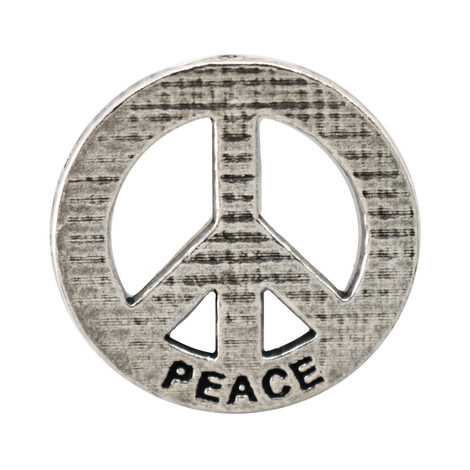 Detailed Antique Pewter Peace Imprinted with Peace Pin that can be worn on a hat, jacket, backpack, etc.