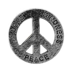 Detailed Antique Pewter Peace with / Peace, Love, Kindness Pin that can be worn on a hat, jacket, backpack, etc.