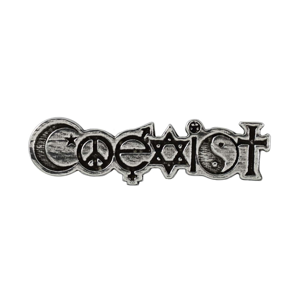 Detailed Antique Pewter Coexist Pin that can be worn on a hat, jacket, backpack, etc.