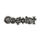 Detailed Antique Pewter Coexist Pin that can be worn on a hat, jacket, backpack, etc.