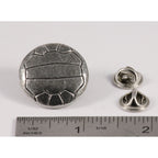 A handcrafted Soccer Ball W Lines Pin next to a ruler, available for sale at Creativeartisan.com - the image offers a sense of scale