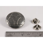 A handcrafted Soccer Ball W Y Pin next to a ruler, available for sale at Creativeartisan.com - the image offers a sense of scale