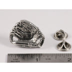 A handcrafted Baseball Glove Pin next to a ruler, available for sale at Creativeartisan.com - the image offers a sense of scale