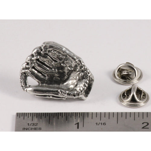 A handcrafted Baseball Glove Pin next to a ruler, available for sale at Creativeartisan.com - the image offers a sense of scale