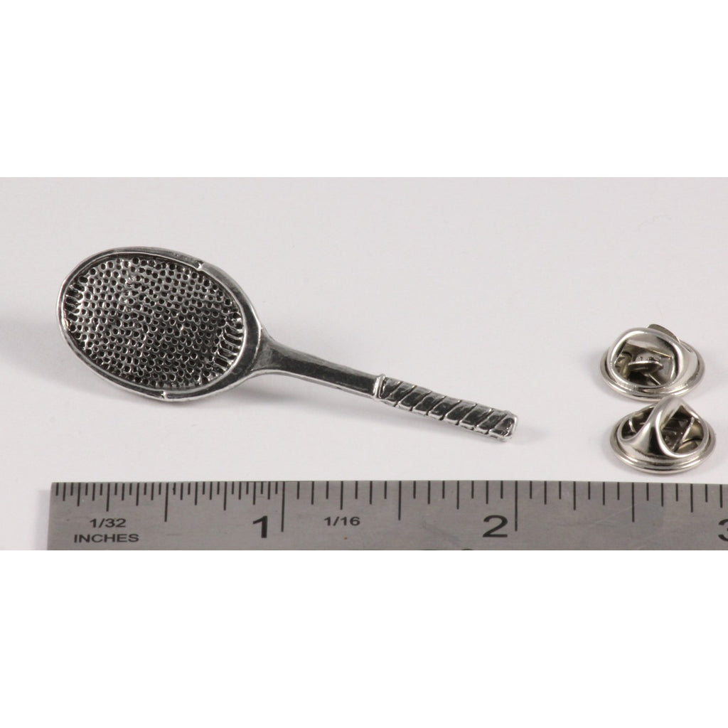 A handcrafted Tennis Racquet Pin next to a ruler, available for sale at Creativeartisan.com - the image offers a sense of scale