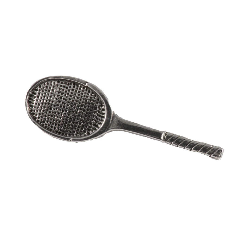Detailed Antique Pewter Tennis Racquet Pin that can be worn on a hat, jacket, backpack, etc.