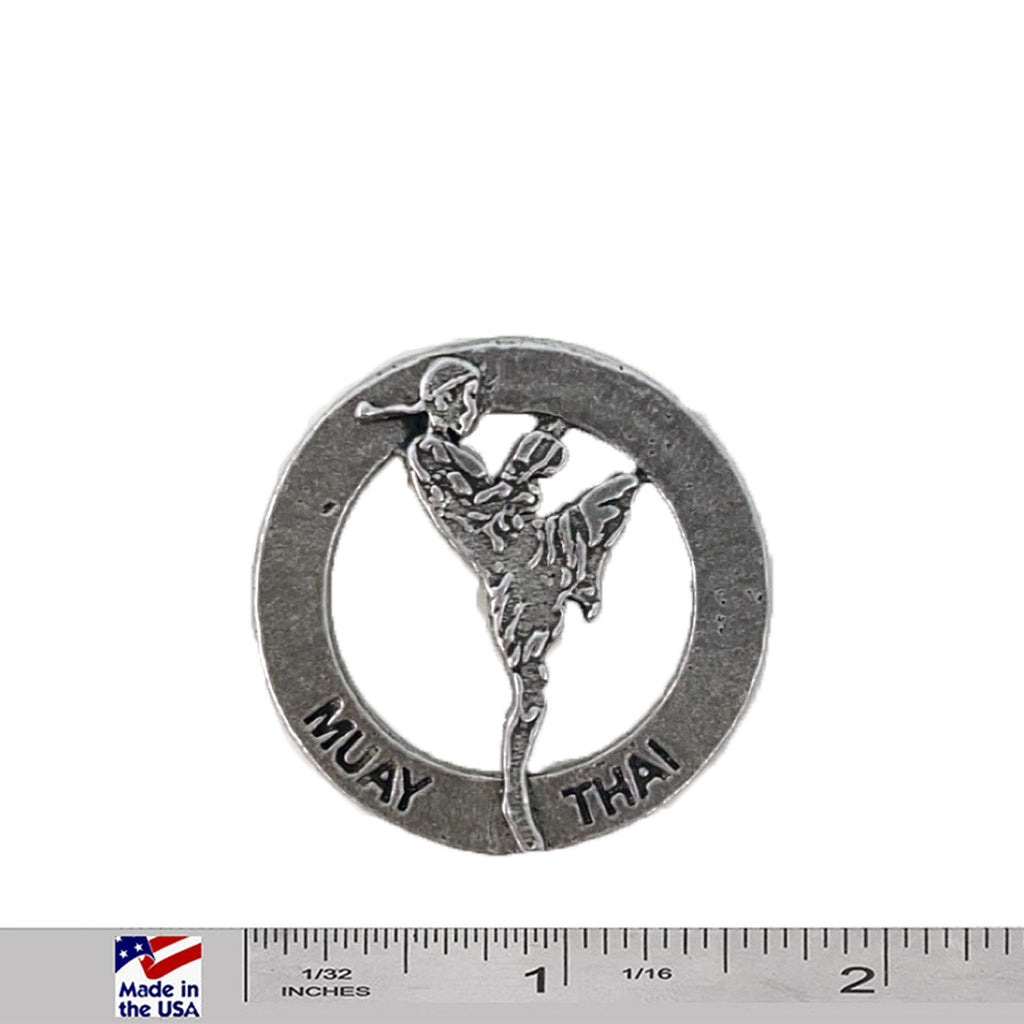 A handcrafted Muay Thai Fighter In Circle Pin next to a ruler, available for sale at Creativeartisan.com - the image offers a sense of scale