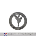 A handcrafted Muay Thai Fighter In Circle Pin next to a ruler, available for sale at Creativeartisan.com - the image offers a sense of scale