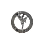 Detailed Antique Pewter Muay Thai Fighter In Circle Pin that can be worn on a hat, jacket, backpack, etc.