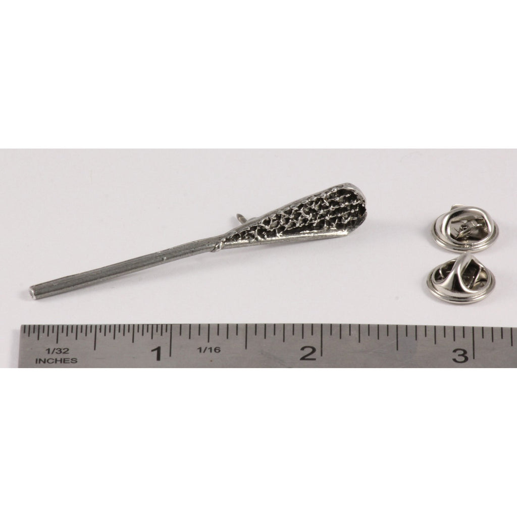 A handcrafted La Crosse Native Stick Pin next to a ruler, available for sale at Creativeartisan.com - the image offers a sense of scale