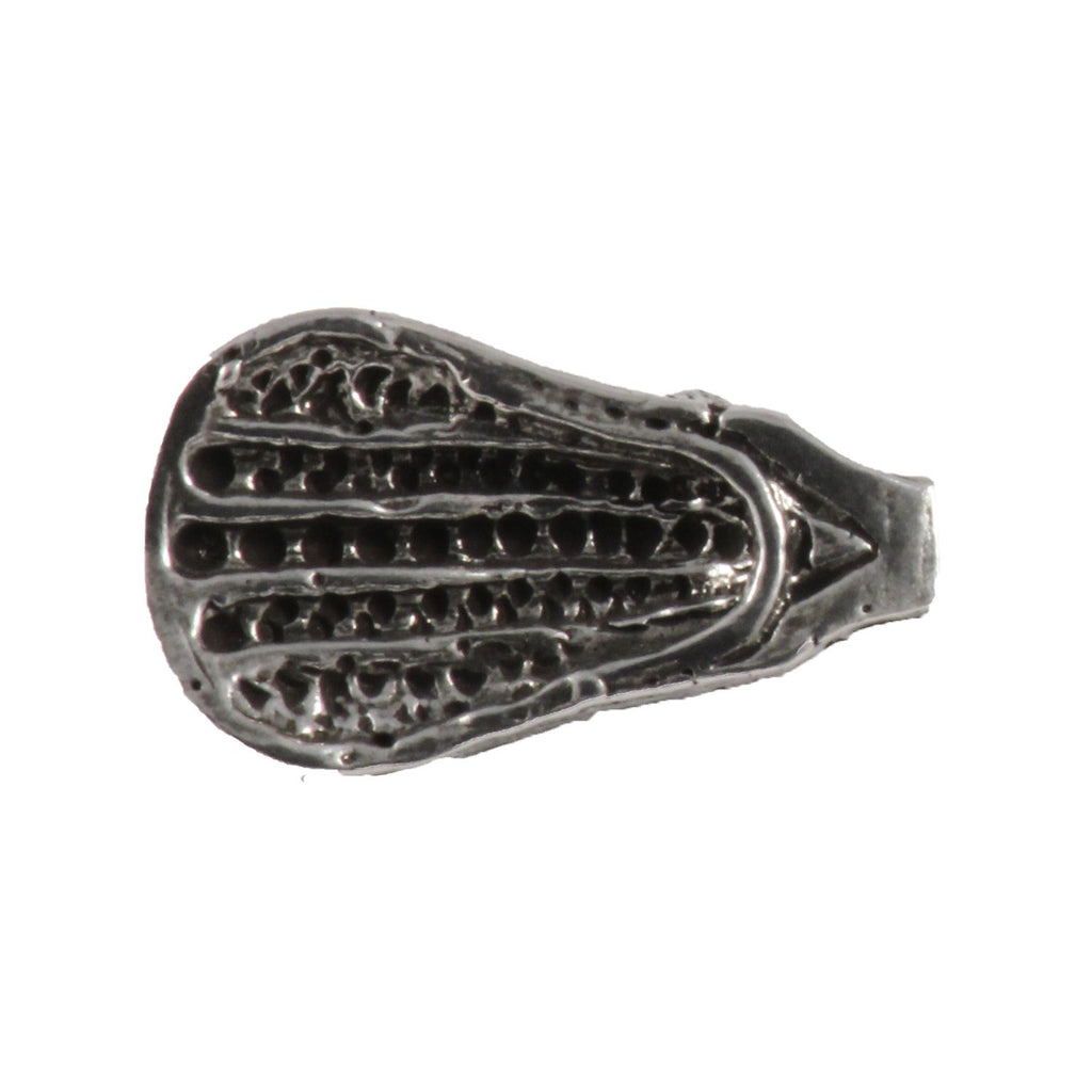 Detailed Antique Pewter La Crosse Small Head Pin that can be worn on a hat, jacket, backpack, etc.
