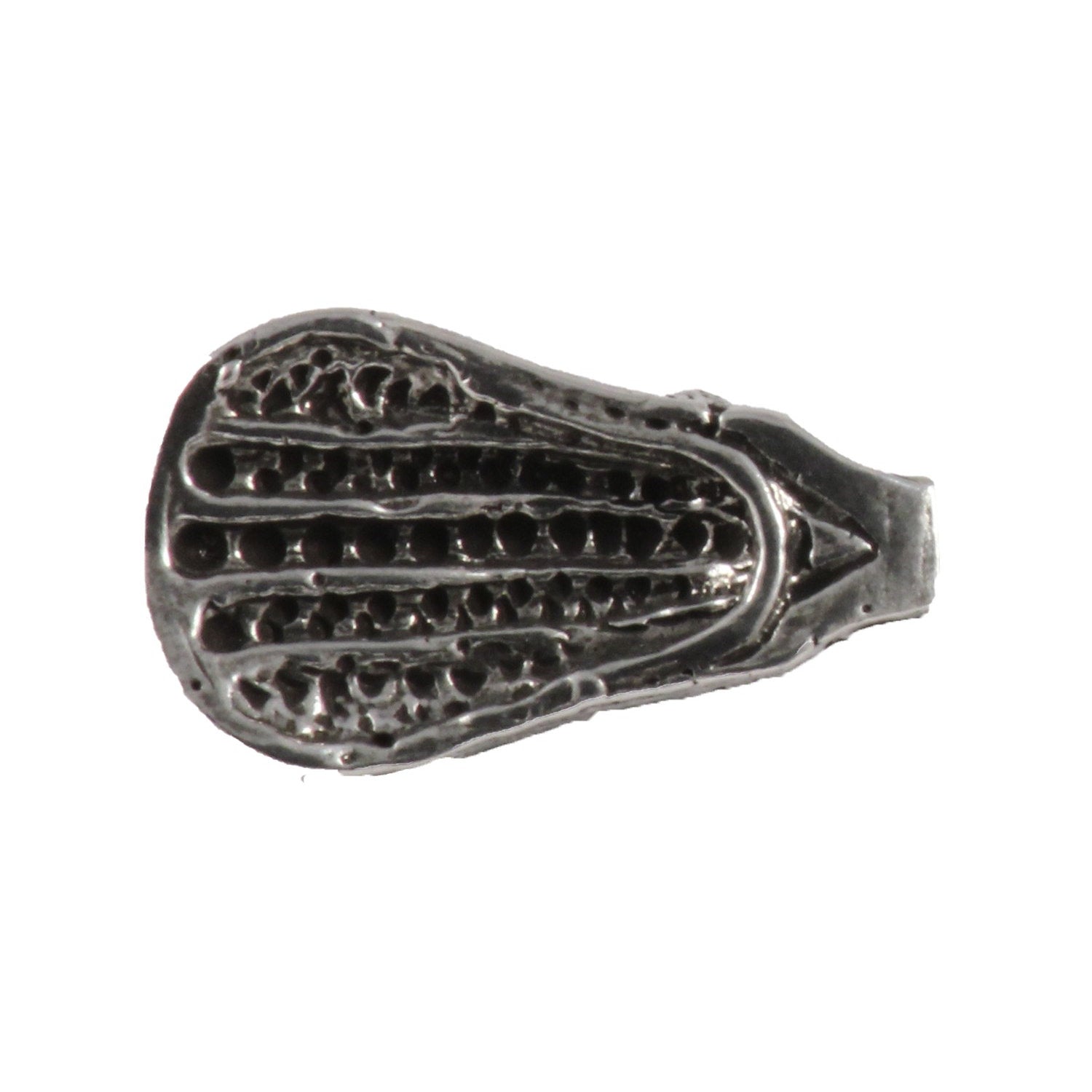 Detailed Antique Pewter La Crosse Small Head Pin that can be worn on a hat, jacket, backpack, etc.