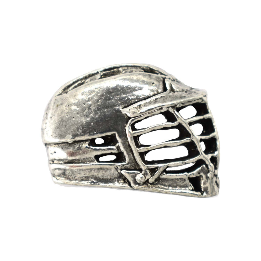 Detailed Antique Pewter La Crosse Helmet Pin that can be worn on a hat, jacket, backpack, etc.