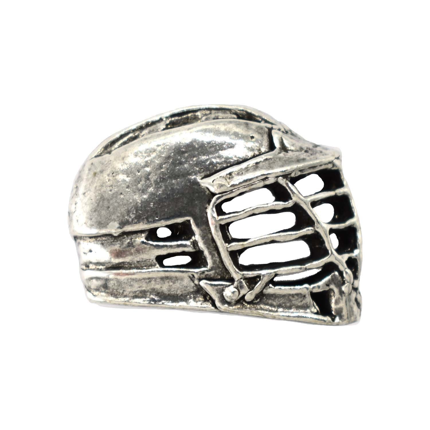 Detailed Antique Pewter La Crosse Helmet Pin that can be worn on a hat, jacket, backpack, etc.