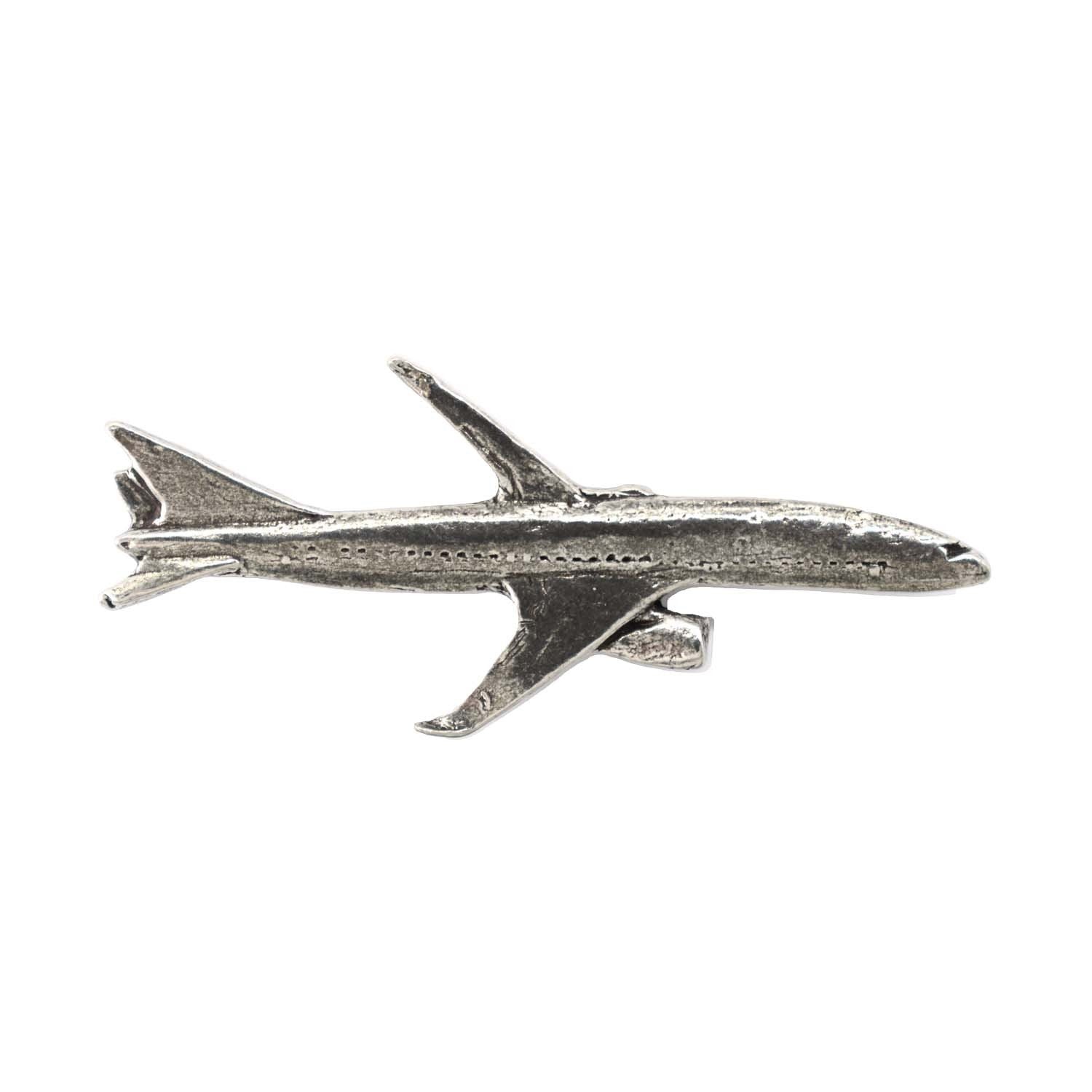 Detailed Antique Pewter Jetliner Pin that can be worn on a hat, jacket, backpack, etc.