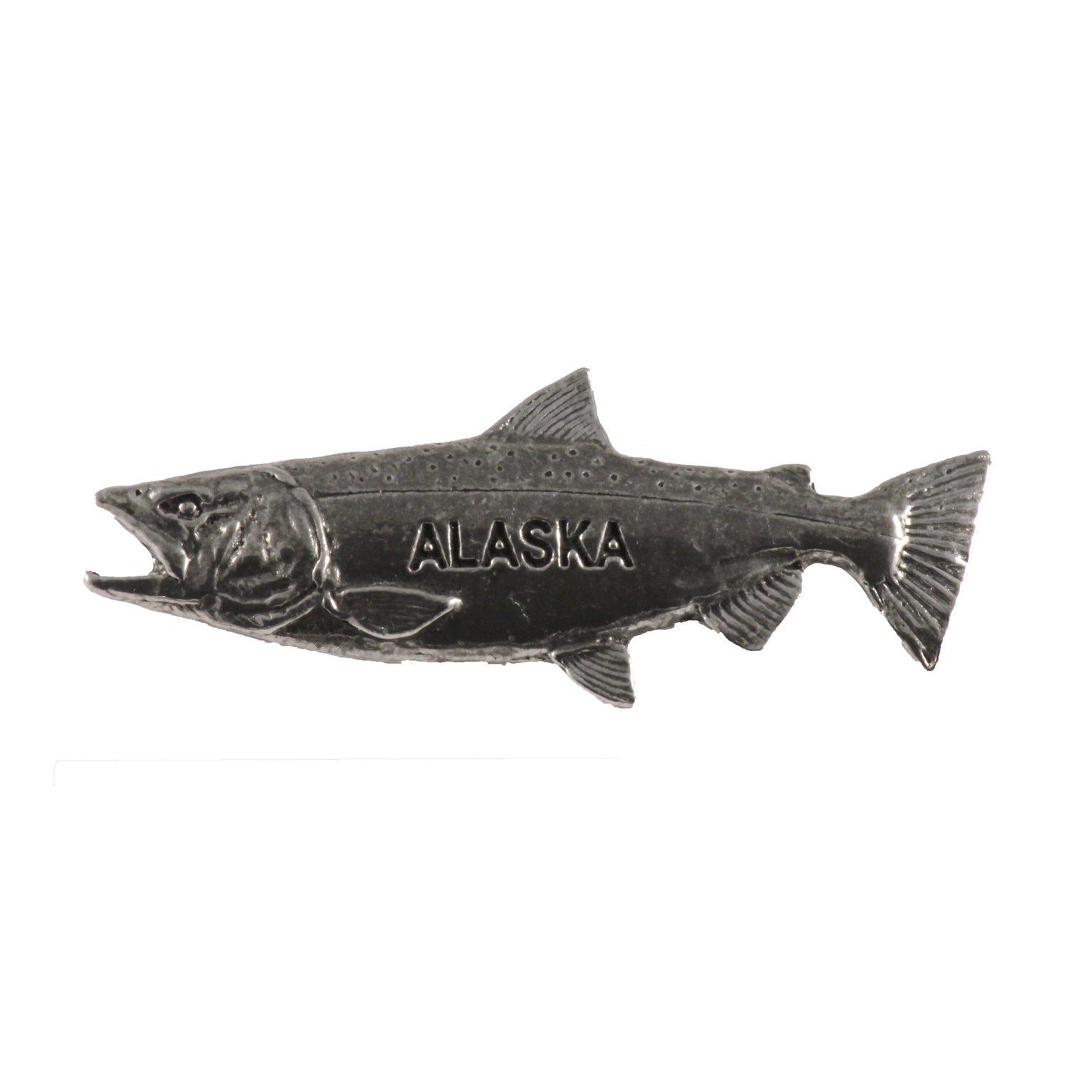Detailed Antique Pewter King Salmon Alaska Pin that can be worn on a hat, jacket, backpack, etc.