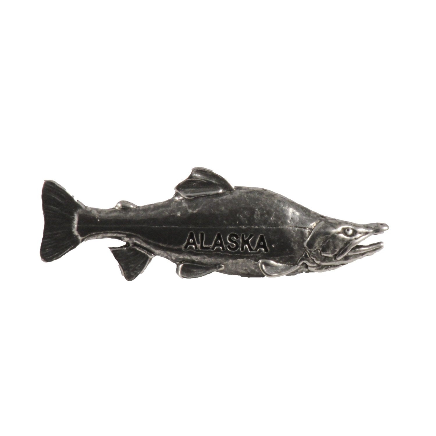 Detailed Antique Pewter Sockeye Alaska Pin that can be worn on a hat, jacket, backpack, etc.