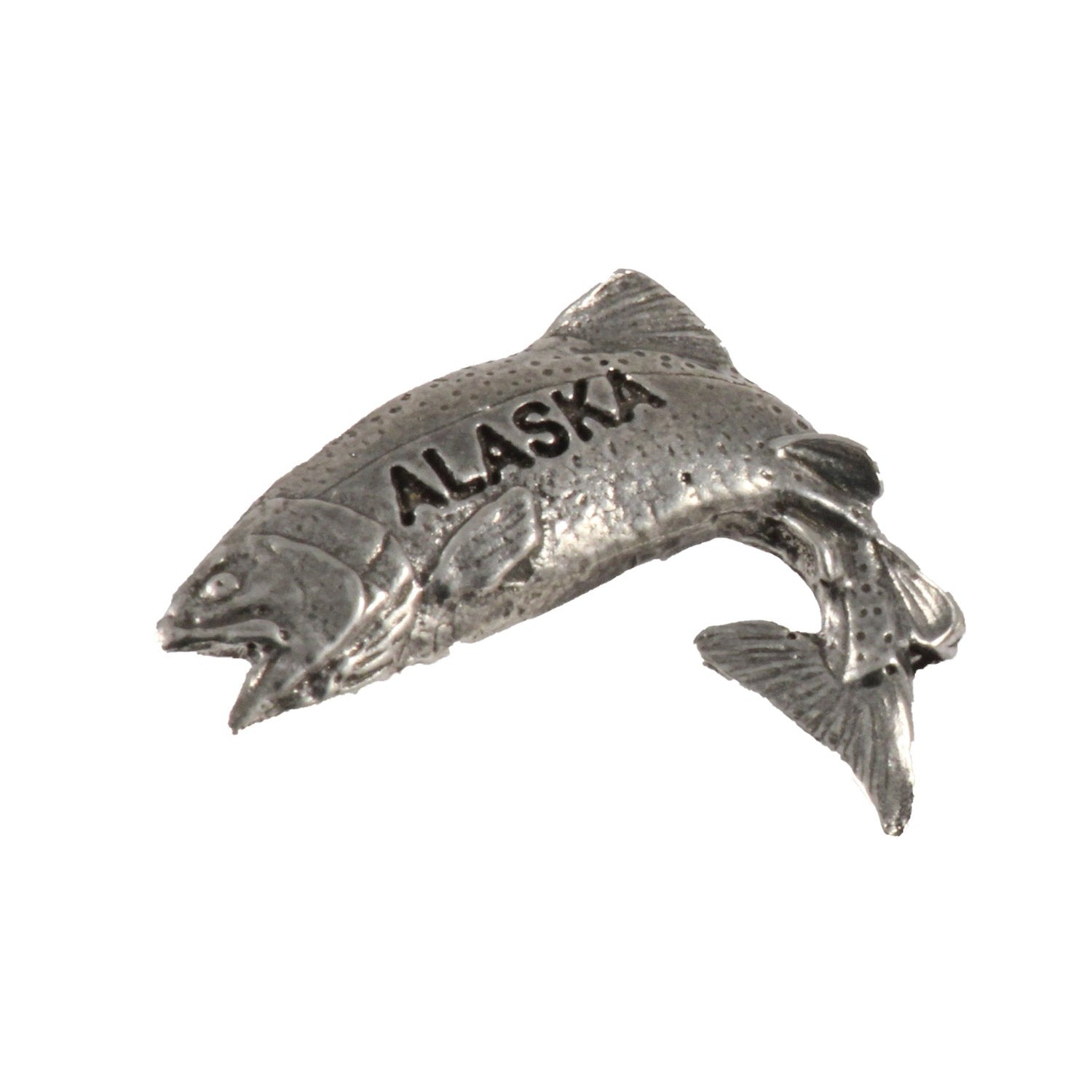 Detailed Antique Pewter Rainbow Leaping Alaska Pin that can be worn on a hat, jacket, backpack, etc.
