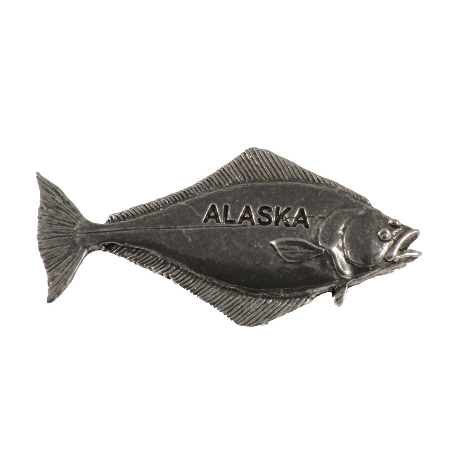 Detailed Antique Pewter Halibut Alaska Pin that can be worn on a hat, jacket, backpack, etc.