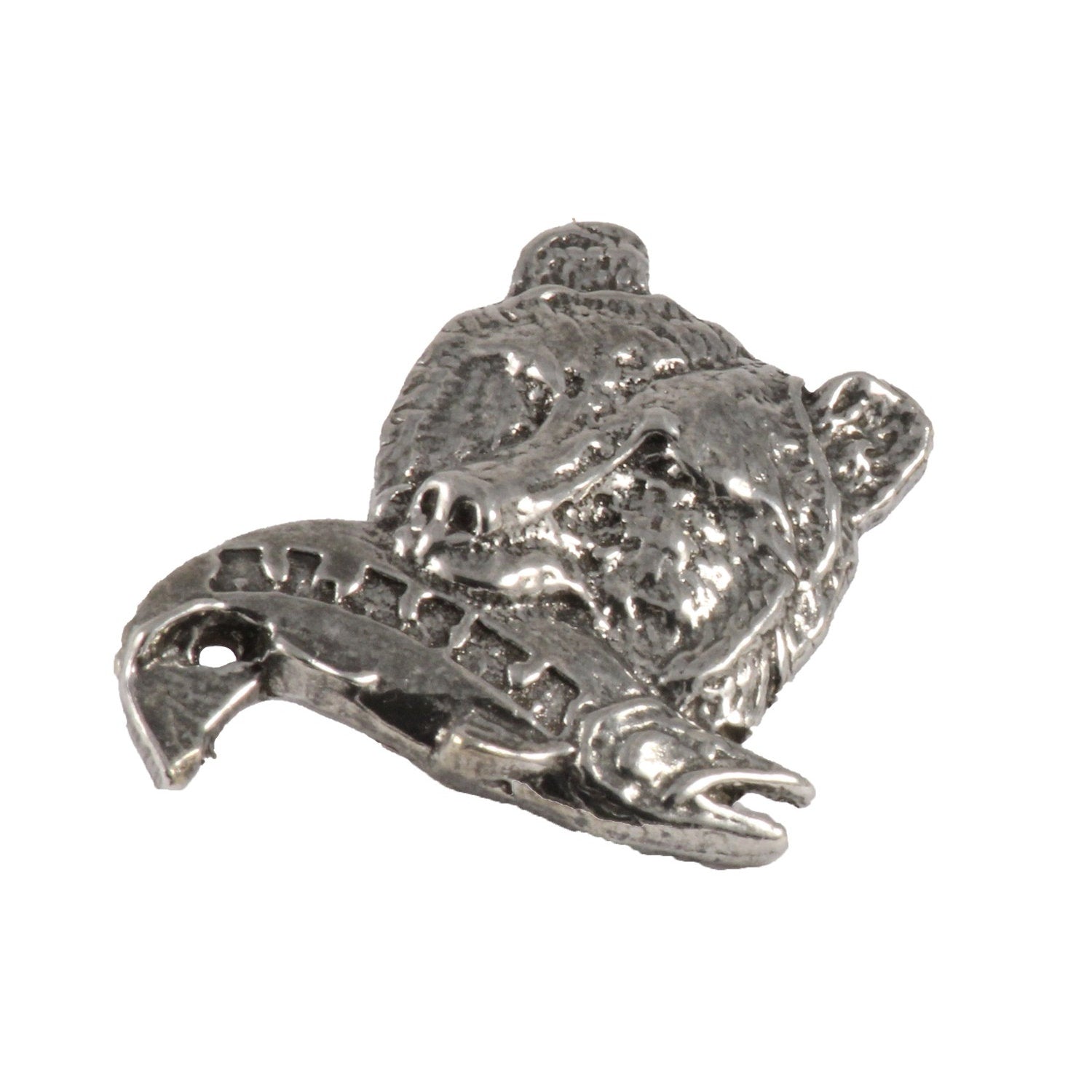 Detailed Antique Pewter Brown Bear with Salmon Alaska Pin that can be worn on a hat, jacket, backpack, etc.