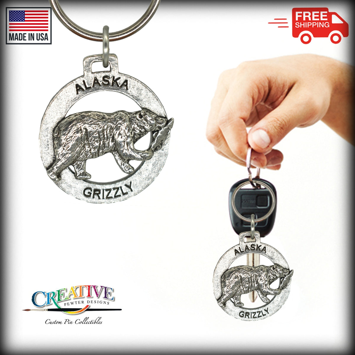 Alaska Grizzly Walking with Salmon Keychain A626KC