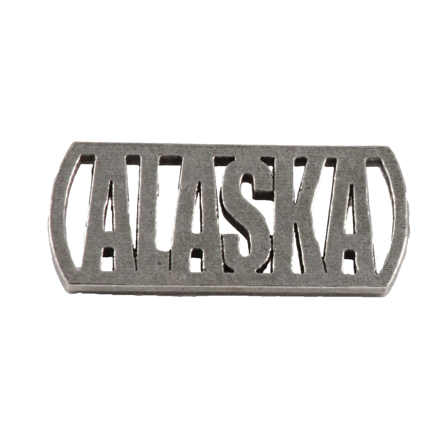 Detailed Antique Pewter Alaska Cutout Pin that can be worn on a hat, jacket, backpack, etc.