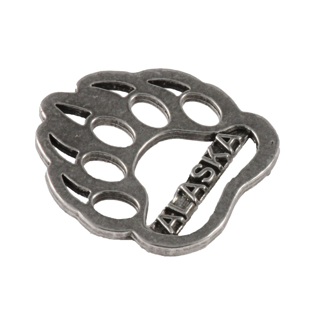 Detailed Antique Pewter Bear Print Alaska Pin that can be worn on a hat, jacket, backpack, etc.
