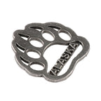 Detailed Antique Pewter Bear Print Alaska Pin that can be worn on a hat, jacket, backpack, etc.