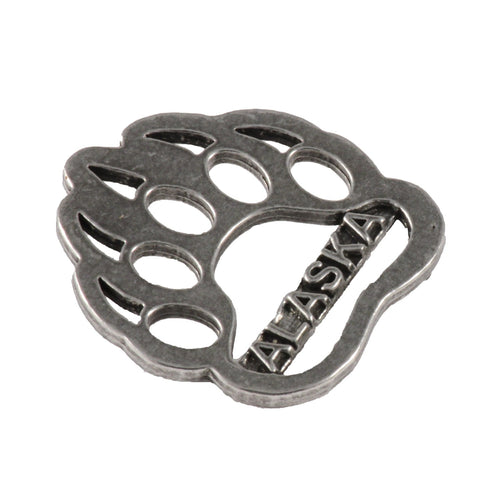 Detailed Antique Pewter Bear Print Alaska Pin that can be worn on a hat, jacket, backpack, etc.