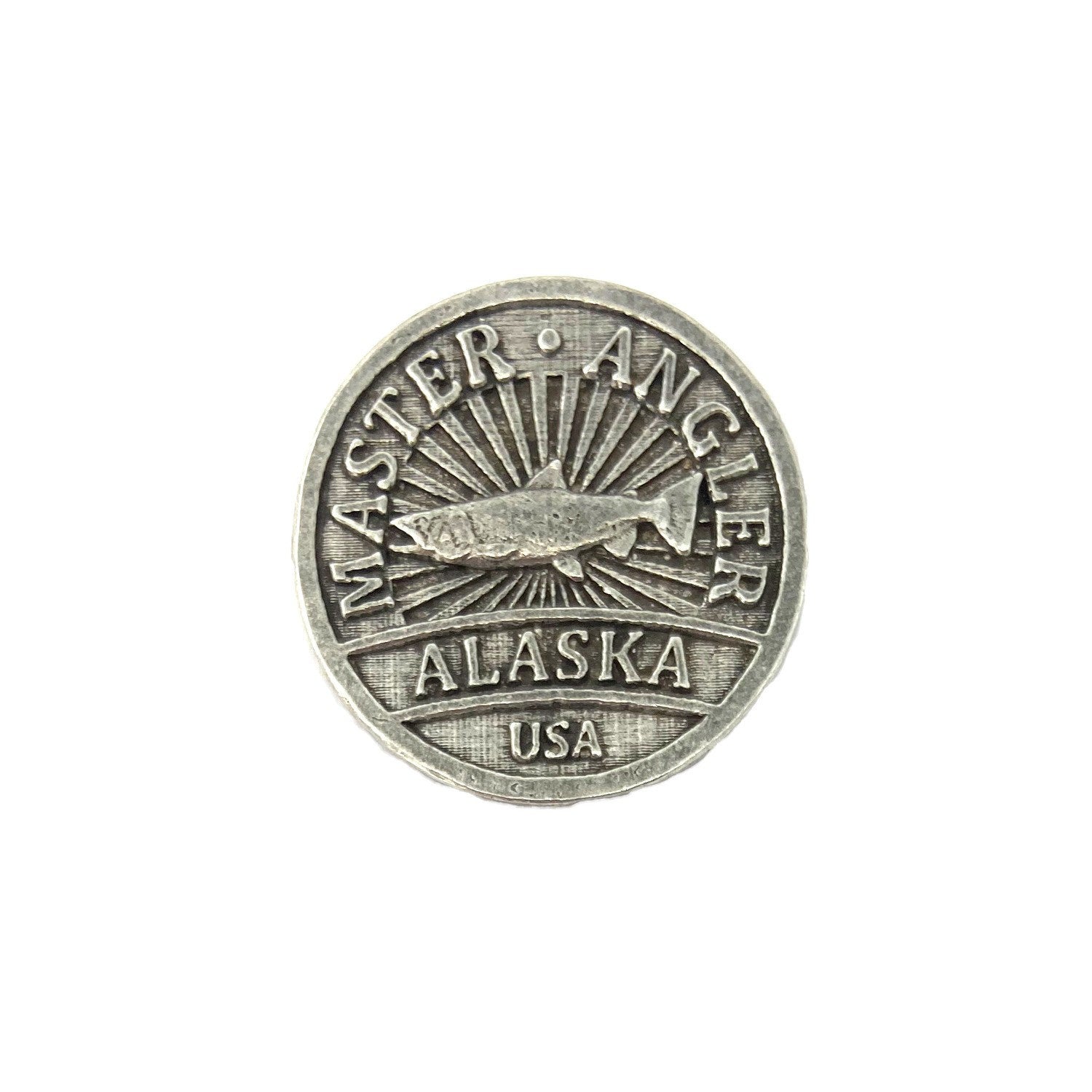 Detailed Antique Pewter Alaska Master Angler Pin that can be worn on a hat, jacket, backpack, etc.