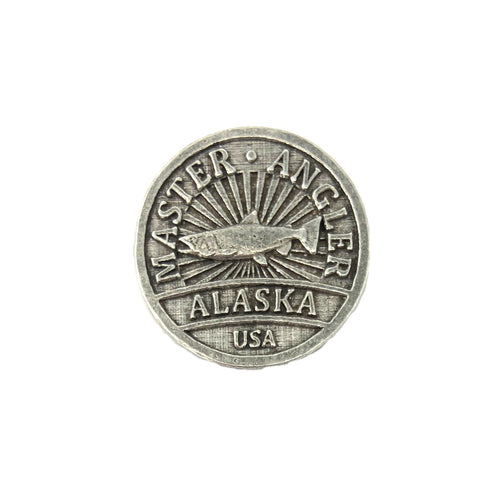 Detailed Antique Pewter Alaska Master Angler Pin that can be worn on a hat, jacket, backpack, etc.