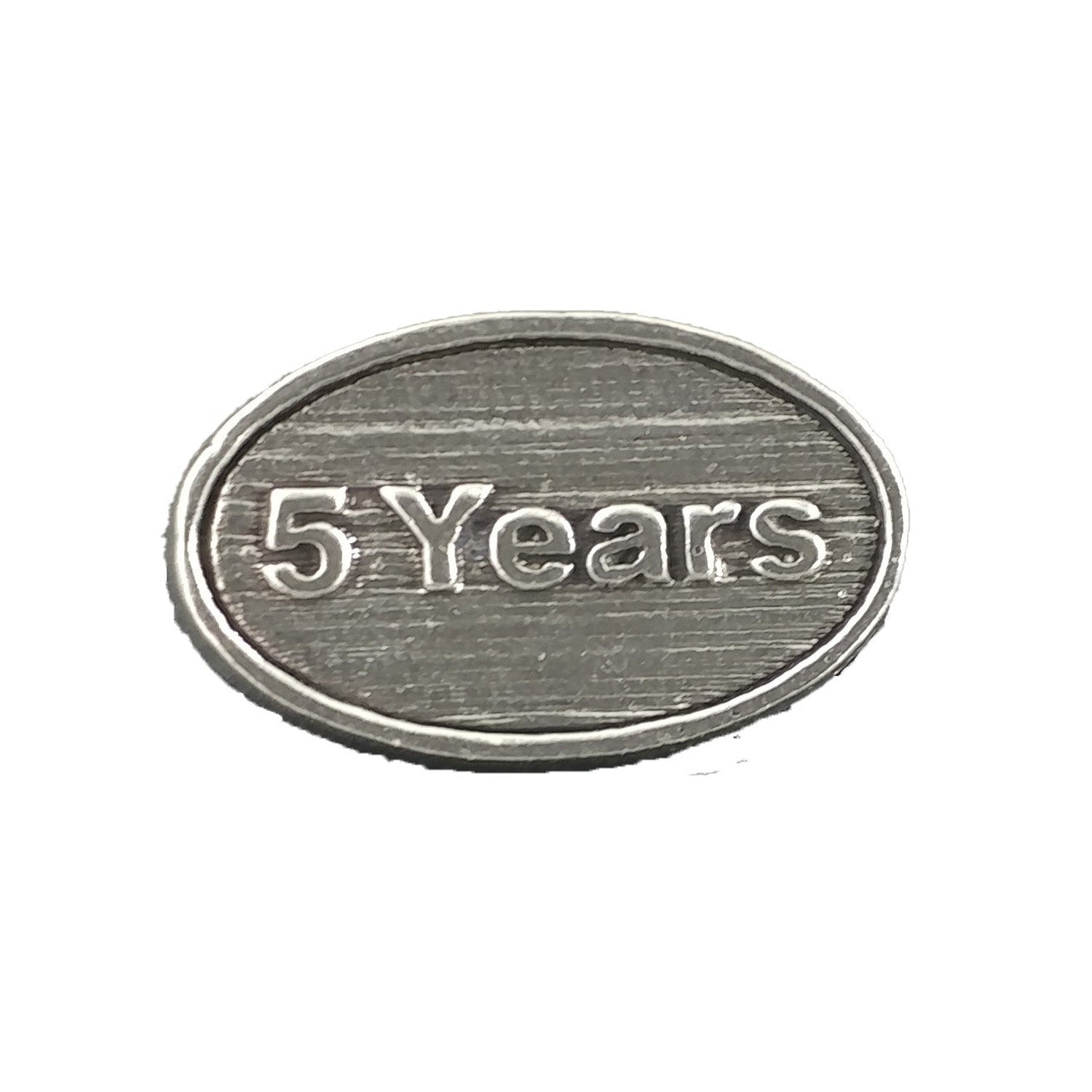 Detailed Antique Pewter 5 Year Pin that can be worn on a hat, jacket, backpack, etc.