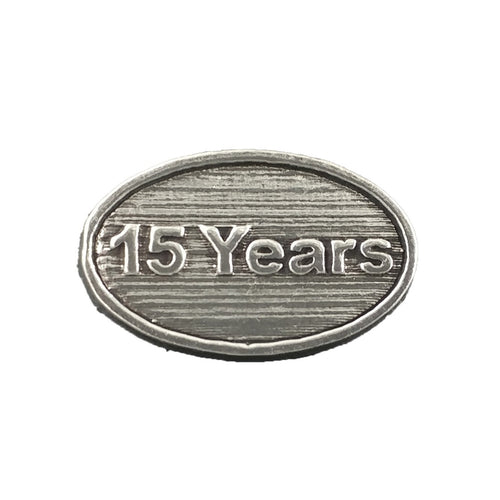 Detailed Antique Pewter 15 Year Pin that can be worn on a hat, jacket, backpack, etc.