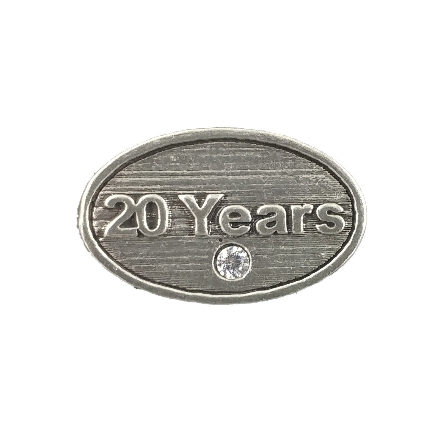 Detailed Antique Pewter 20 Year Pin that can be worn on a hat, jacket, backpack, etc.