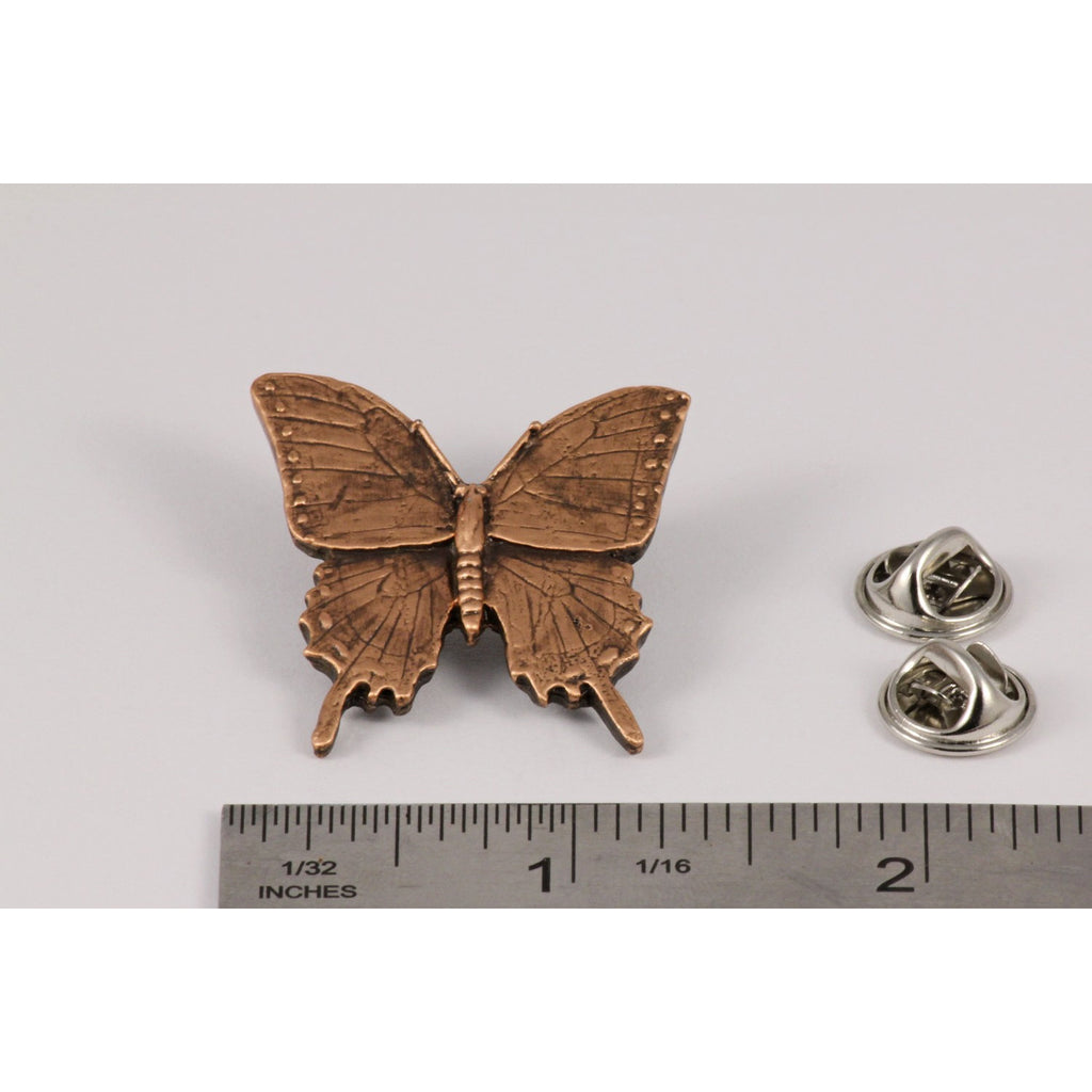 A handcrafted Tiger Swallowtail Butterfly Pin next to a ruler, available for sale at Creativeartisan.com - the image offers a sense of scale