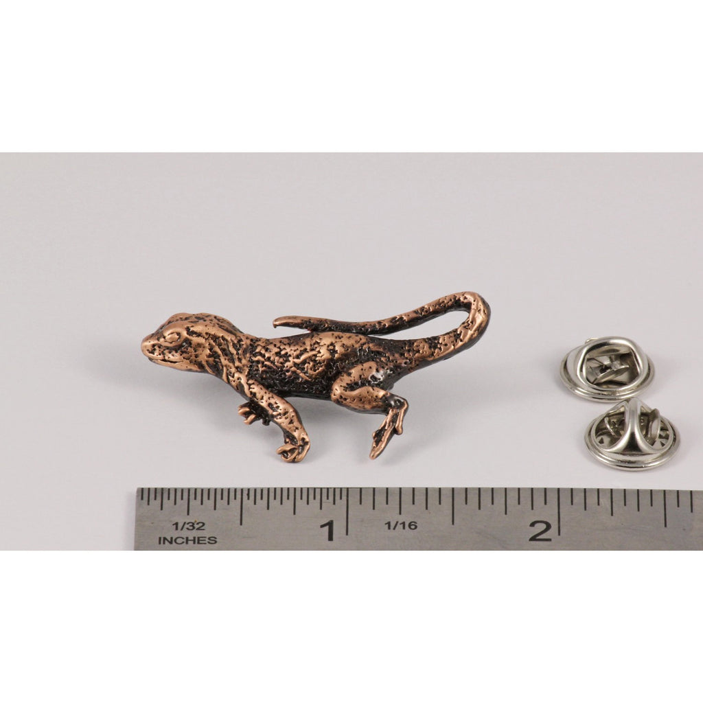 A handcrafted Lizard Pin next to a ruler, available for sale at Creativeartisan.com - the image offers a sense of scale