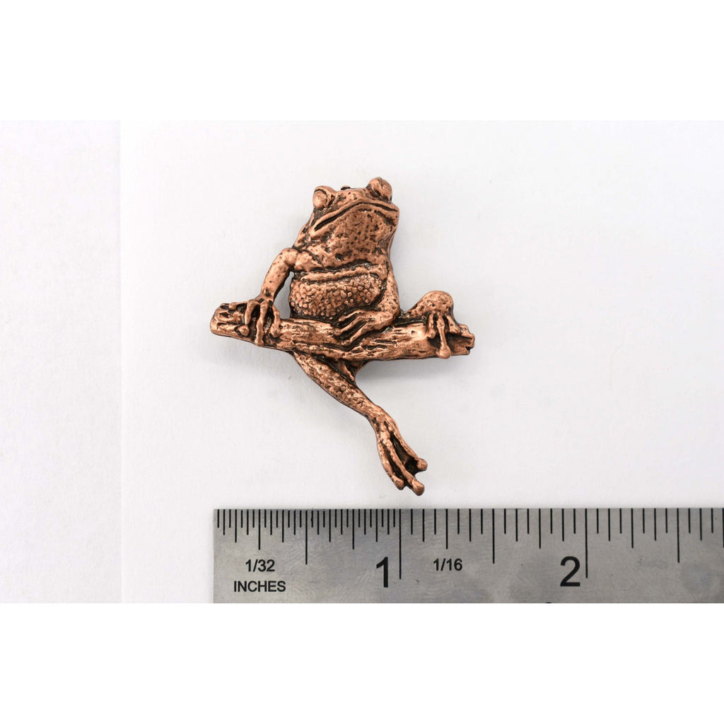 A handcrafted Frog On Branch Pin next to a ruler, available for sale at Creativeartisan.com - the image offers a sense of scale