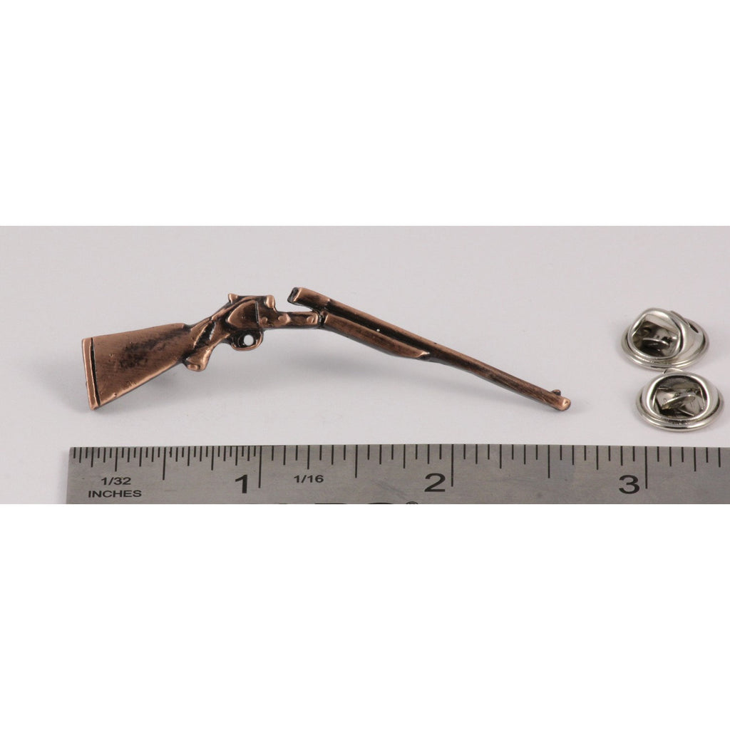 A handcrafted Side By Side Shotgun Pin next to a ruler, available for sale at Creativeartisan.com - the image offers a sense of scale
