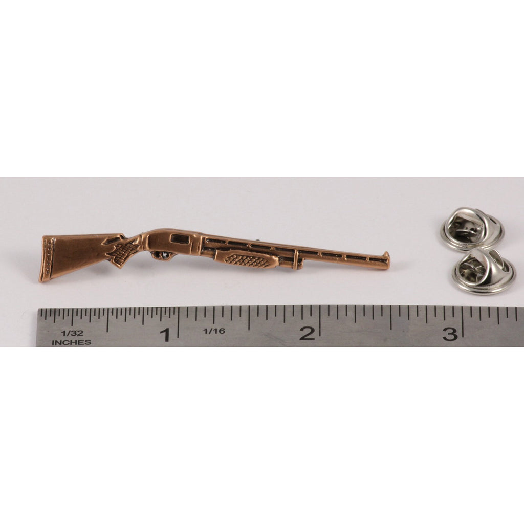 A handcrafted Pump Shotgun Pin next to a ruler, available for sale at Creativeartisan.com - the image offers a sense of scale