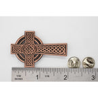 A handcrafted Celtic Cross New Pin next to a ruler, available for sale at Creativeartisan.com - the image offers a sense of scale
