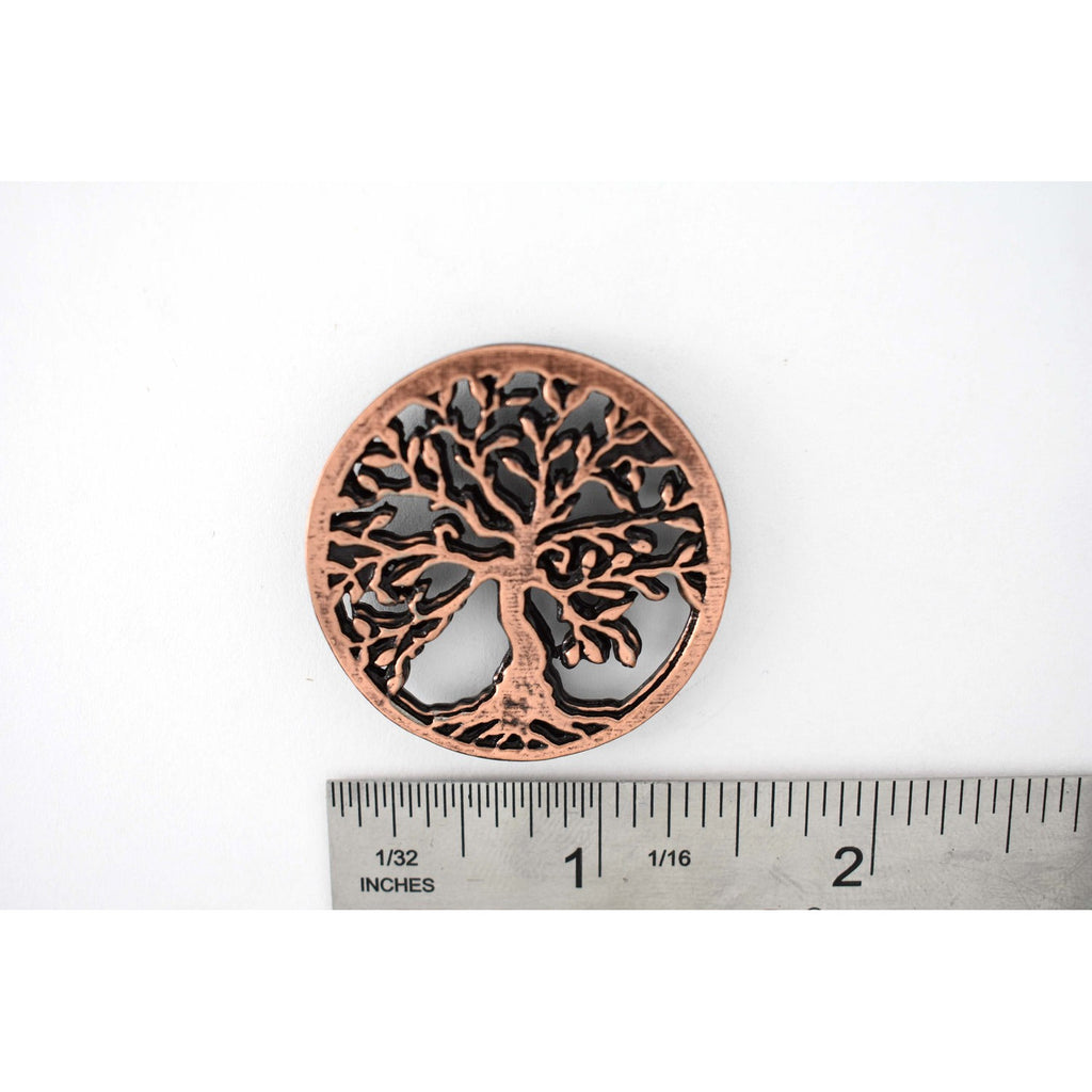 A handcrafted Tree Of Life Pin next to a ruler, available for sale at Creativeartisan.com - the image offers a sense of scale