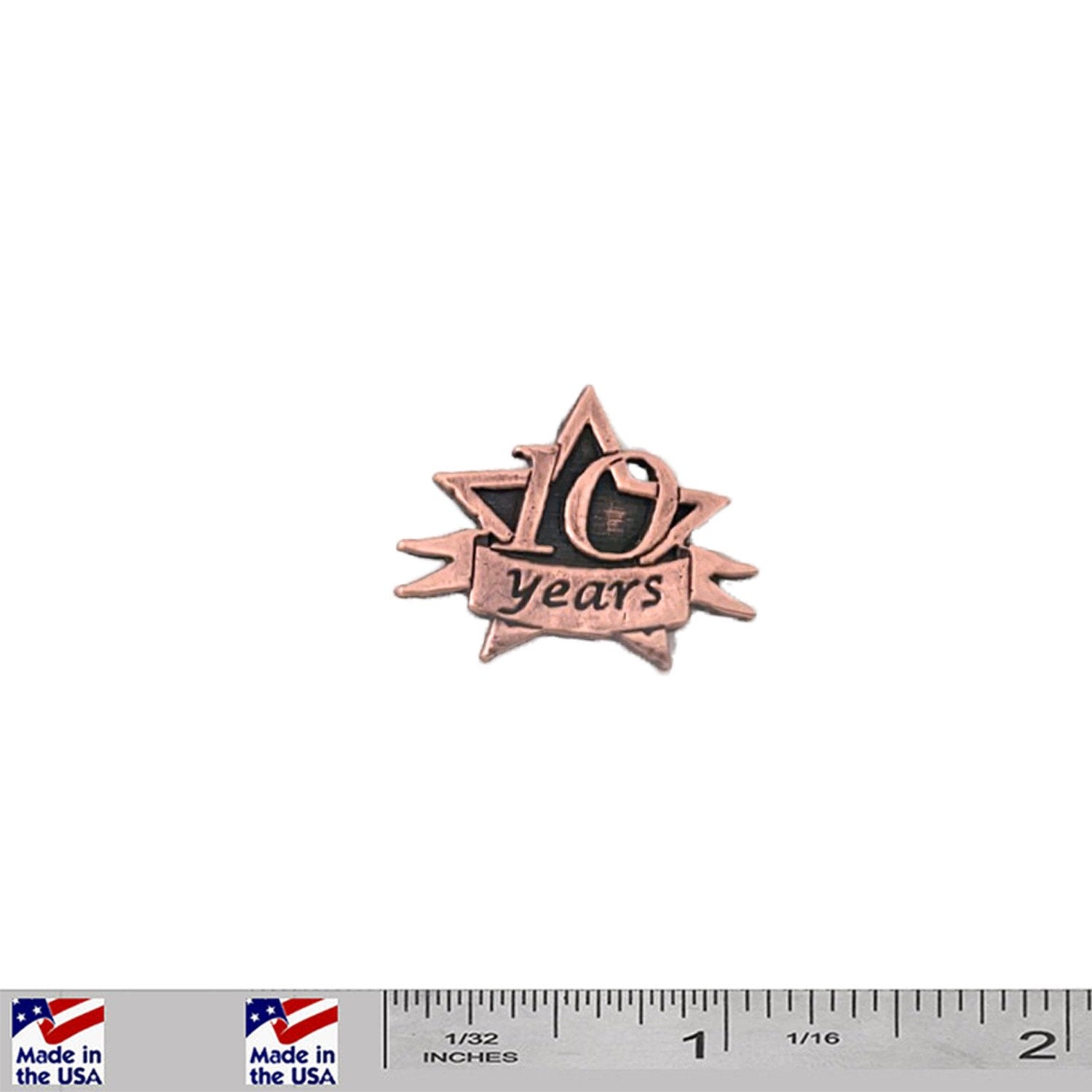 A handcrafted 10 Year Star Pin next to a ruler, available for sale at Creativeartisan.com - the image offers a sense of scale