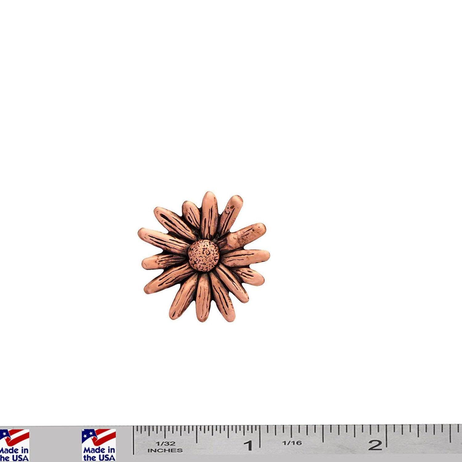 A handcrafted Daisy Pin next to a ruler, available for sale at Creativeartisan.com - the image offers a sense of scale