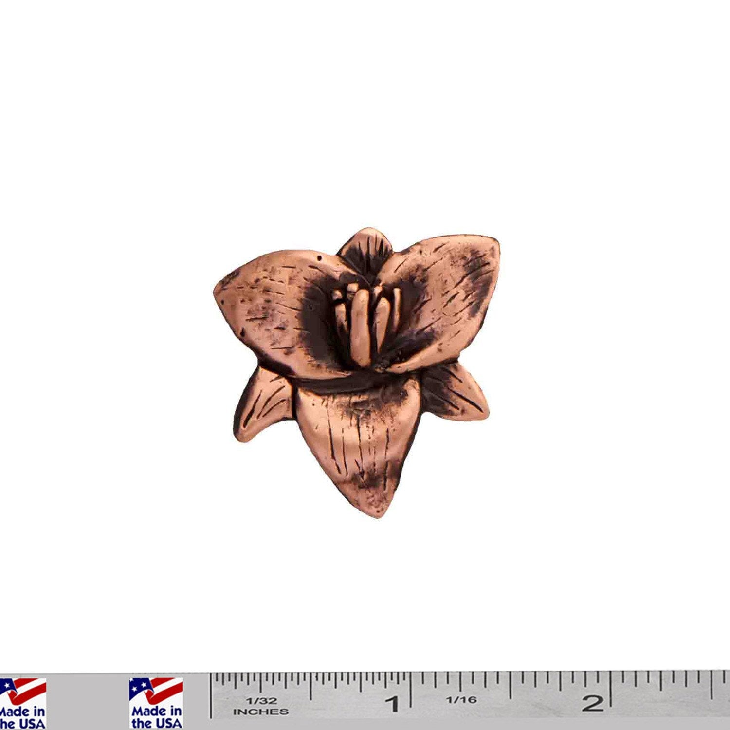 A handcrafted Trillium Flower Pin next to a ruler, available for sale at Creativeartisan.com - the image offers a sense of scale