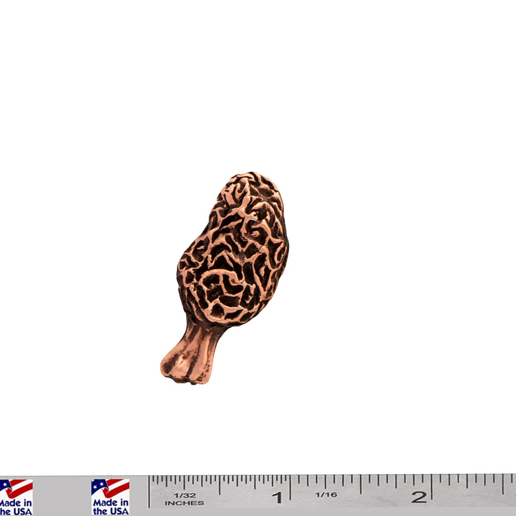A handcrafted Morel Mushroom Pin next to a ruler, available for sale at Creativeartisan.com - the image offers a sense of scale