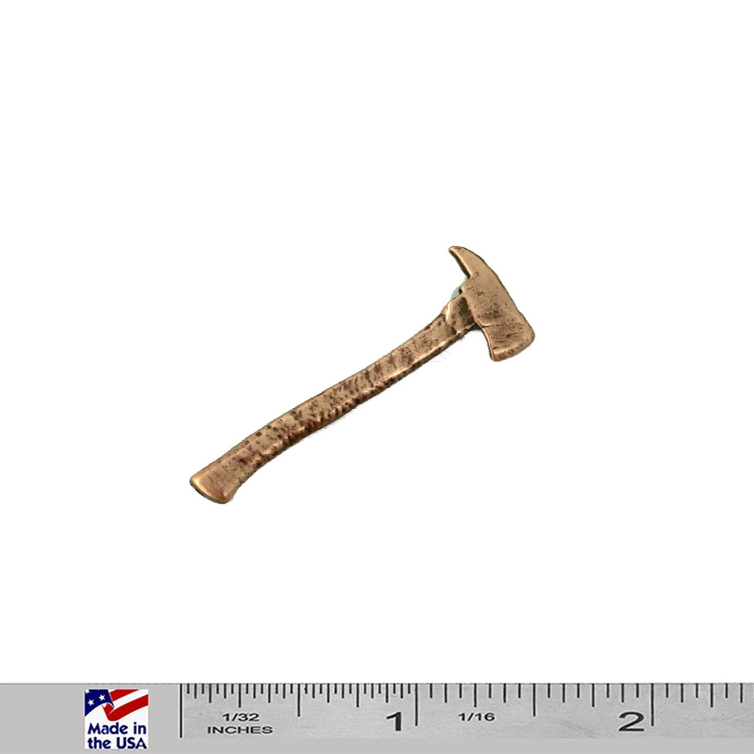 A handcrafted Firemans Axe Small Pin next to a ruler, available for sale at Creativeartisan.com - the image offers a sense of scale