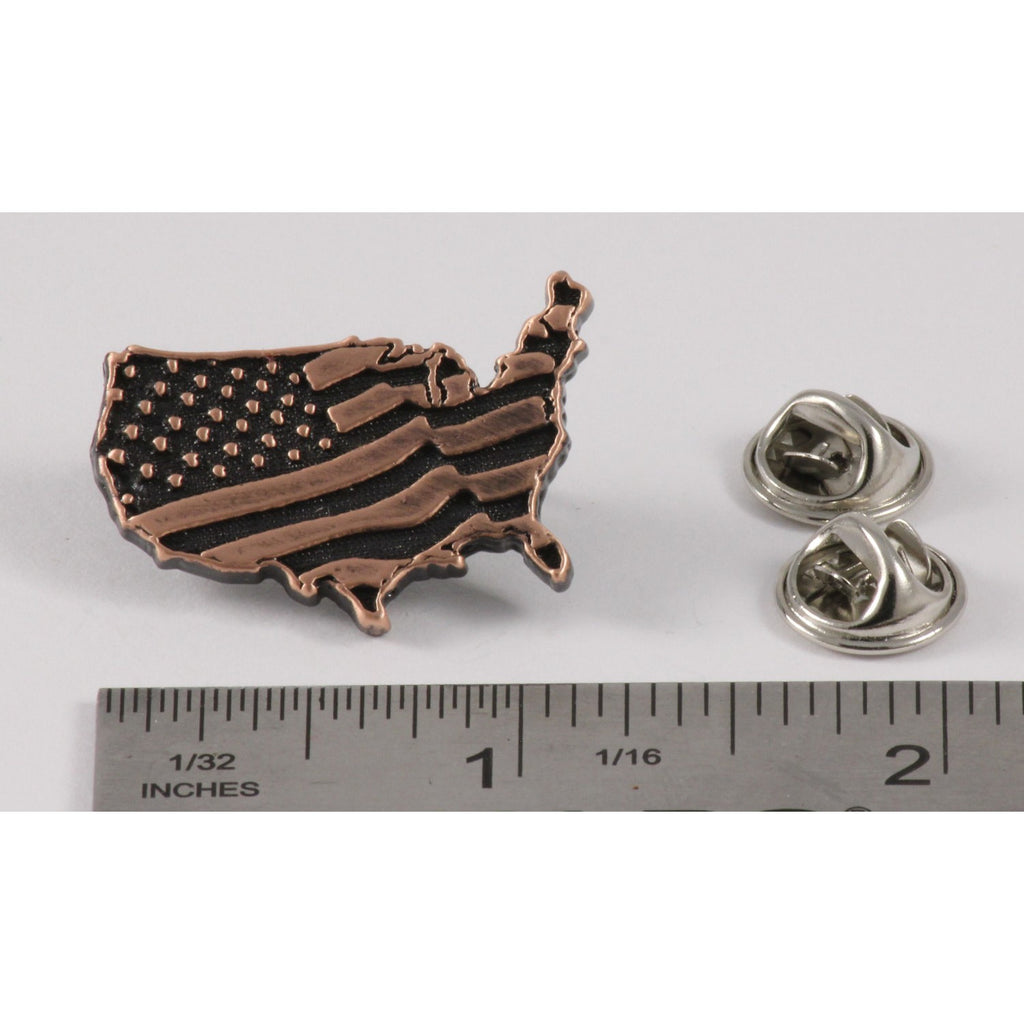 A handcrafted American Flag In Usa Outline Large Pin next to a ruler, available for sale at Creativeartisan.com - the image offers a sense of scale