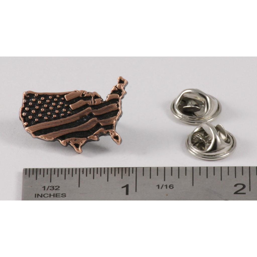 A handcrafted American Flag In Usa Outline Small Pin next to a ruler, available for sale at Creativeartisan.com - the image offers a sense of scale